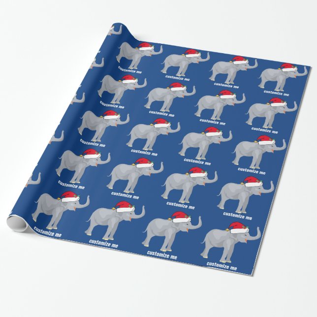 Blue Elephant Christmas Cute Custom Pattern Wrapping Paper (Unrolled)