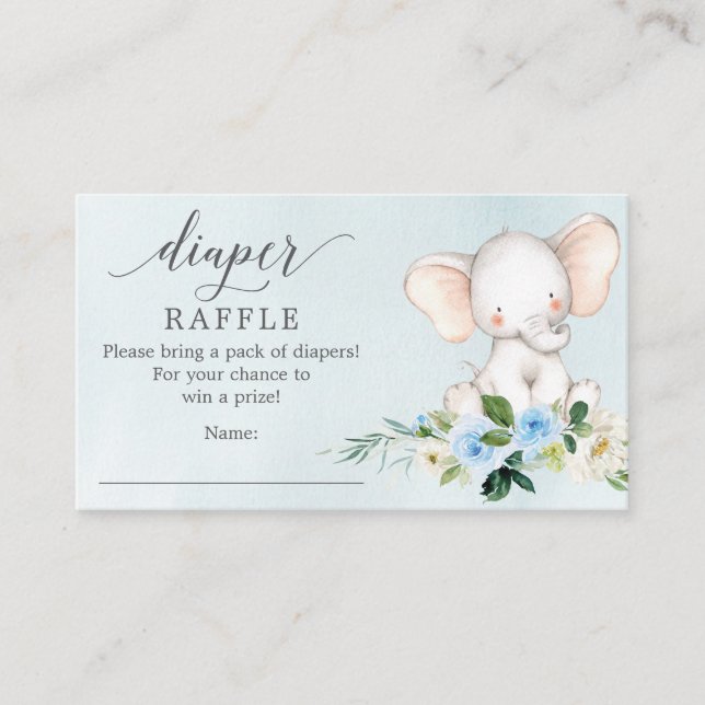 Blue Elephant Diaper Raffle Baby Shower Card (Front)