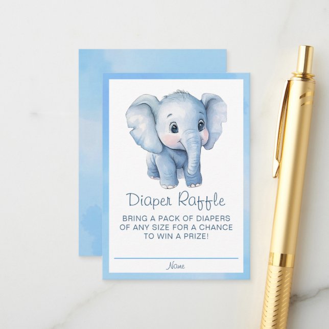 Blue Elephant Diaper Raffle Card – Cute Watercolor (Front/Back In Situ)