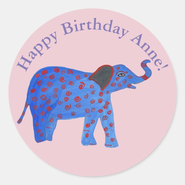 Blue Elephant Drawing Personalised  Round Sticker (Front)