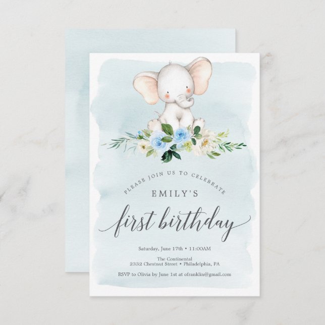 Blue Elephant First Birthday Invitation Card (Front/Back)