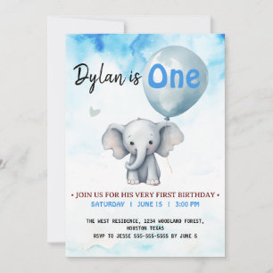 Blue Elephant first birthday party Invitation