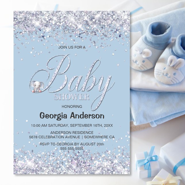 Blue Elephant Glitter Baby Shower Invitation (Creator Uploaded)