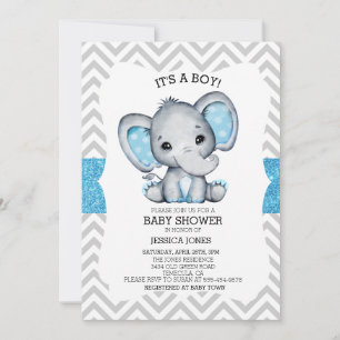 Blue Elephant Glitter Chevron Baby Shower Invitation