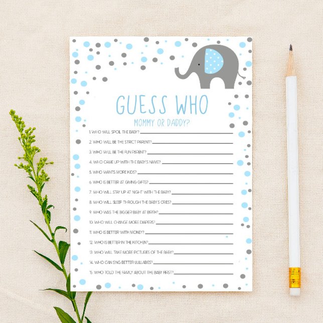 Blue Elephant Guess Who Baby Shower Game  Stationery (Creator Uploaded)