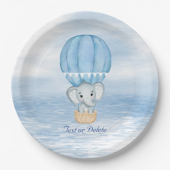 Blue Elephant Hot Air Balloon Paper Plate (Front)