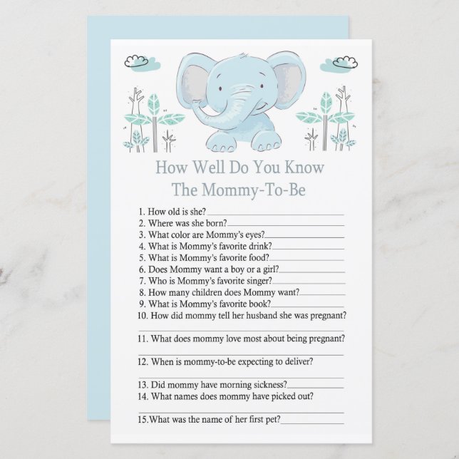 Blue elephant How well do you know baby shower (Front/Back)