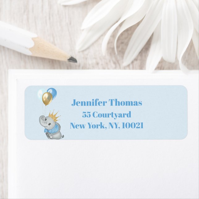 Blue Elephant Label sticker Baby shower address (Insitu)