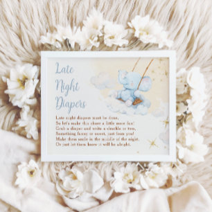 Blue Elephant Late Night Diapers Baby Shower Poster
