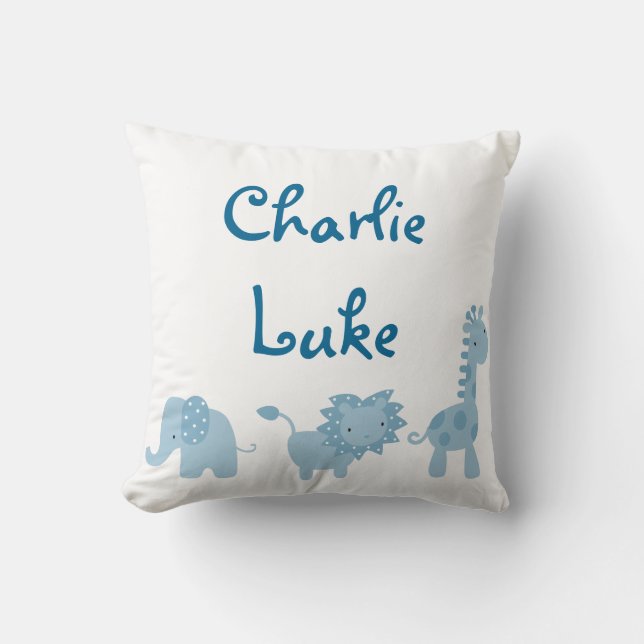 Blue Elephant, Lion and Giraffe Personalised Cushion (Front)