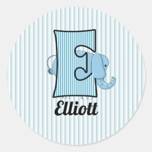 Blue Elephant Monogrammed Letter E Kids Classic Round Sticker