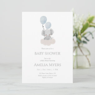 Blue Elephant on Cloud Baby Shower Invitation