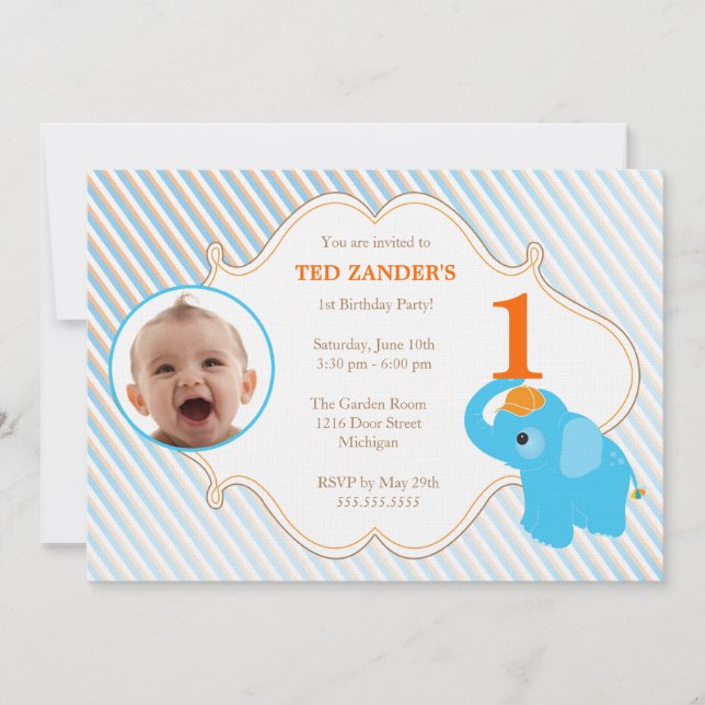 Blue Elephant Photo Birthday Invitation (Front)