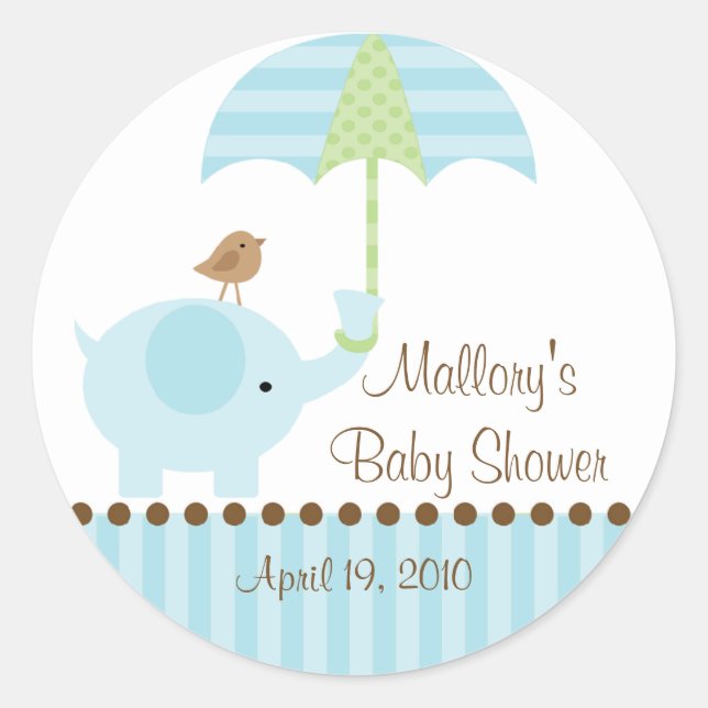 Blue Elephant Umbrella Baby Shower Sticker (Front)