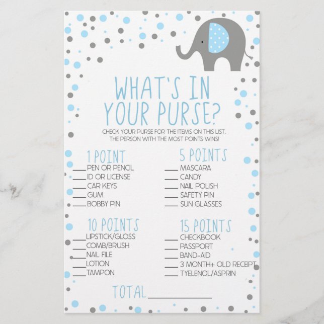Blue Elephant What's In Purse Baby Shower Game Stationery (Front)
