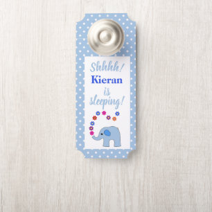 Blue Elephant With Flowers Baby Is Sleeping Door Hanger