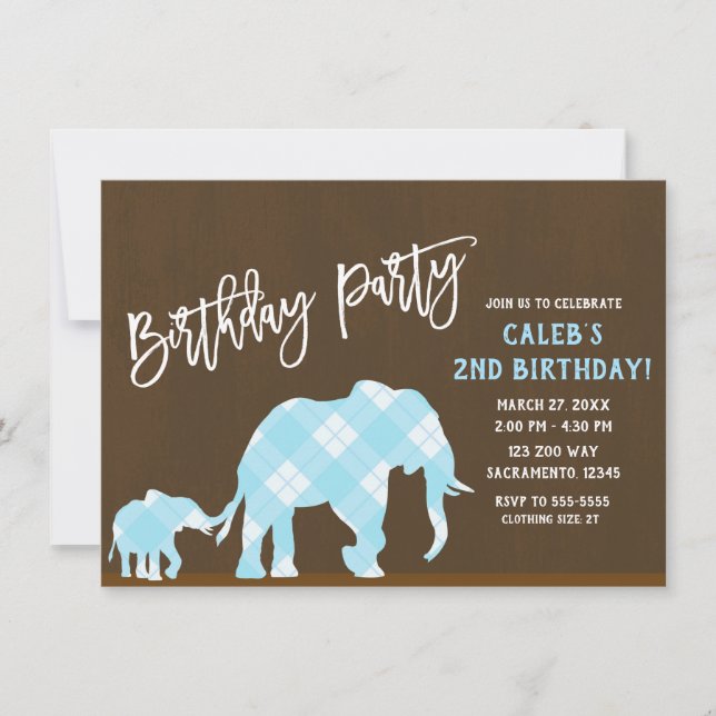 Blue Elephants Brown Modern Birthday Party ANY AGE Invitation (Front)