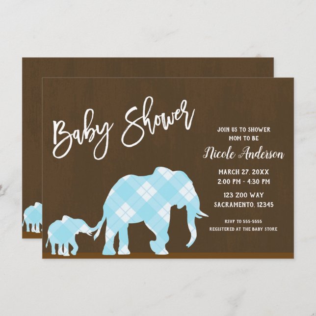 Blue Elephants Brown Trendy Modern Baby Shower Invitation (Front/Back)