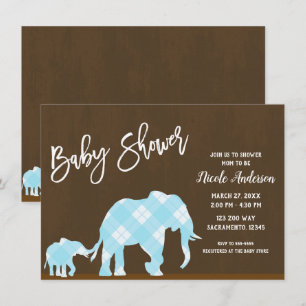 Blue Elephants Brown Trendy Modern Baby Shower Invitation