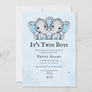 Blue Elephants Twins Baby Shower Invitation