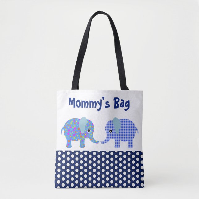 Blue Elephants with Navy Blue Polka Dots Block Tote Bag (Front)