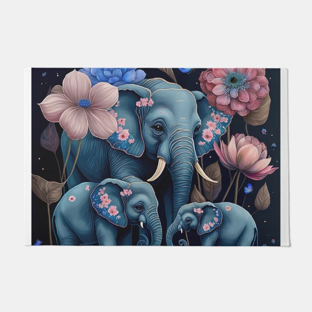 Blue Elephants with Pink Flower Design Doormat (Front)