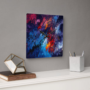 Blue Ember Blue Red Contemporary Abstract Art Square Wall Clock