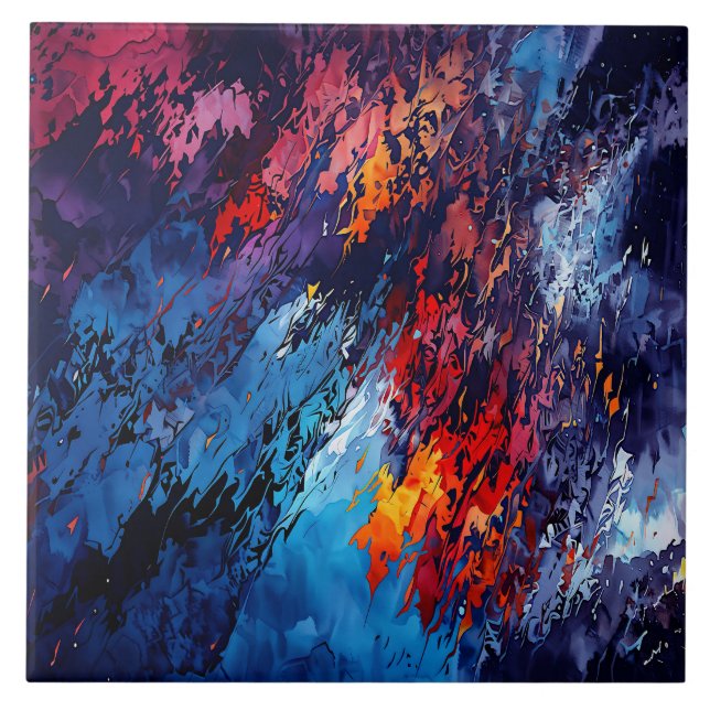 Blue Ember Blue Red Contemporary Abstract Art Tile (Front)