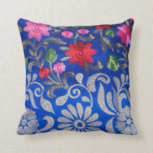 Blue Embroidered Throw Pillow for Home Decor