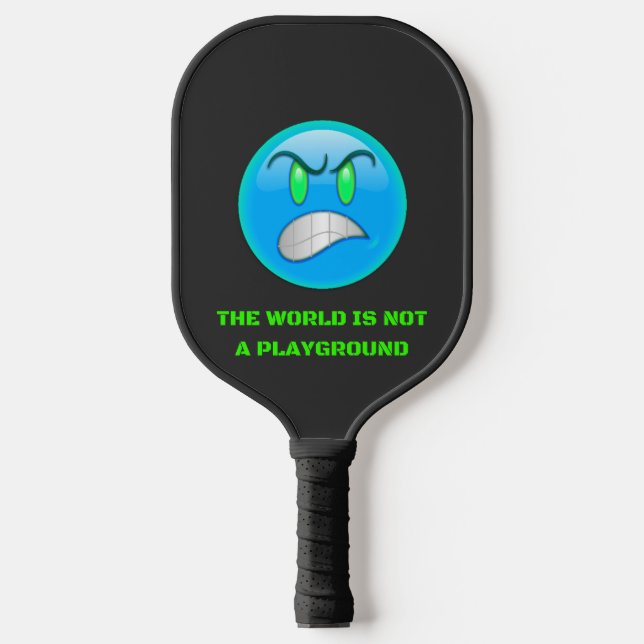 Blue emoji angry and green eyes pickleball paddle (Front)