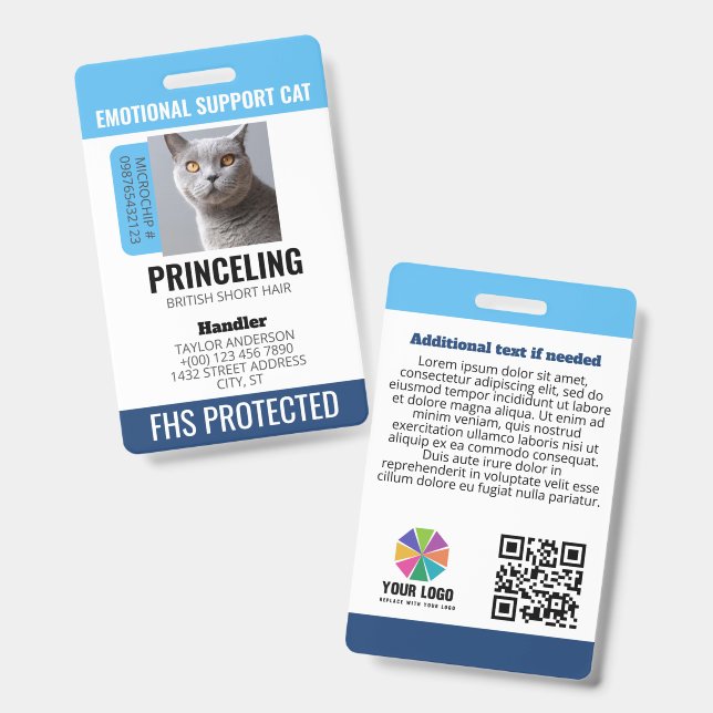 Blue Emotional Support Cat ID Badge (Front & Back)