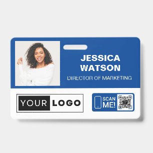 Blue Employee Name Badge with Logo and QR Code ID Badge