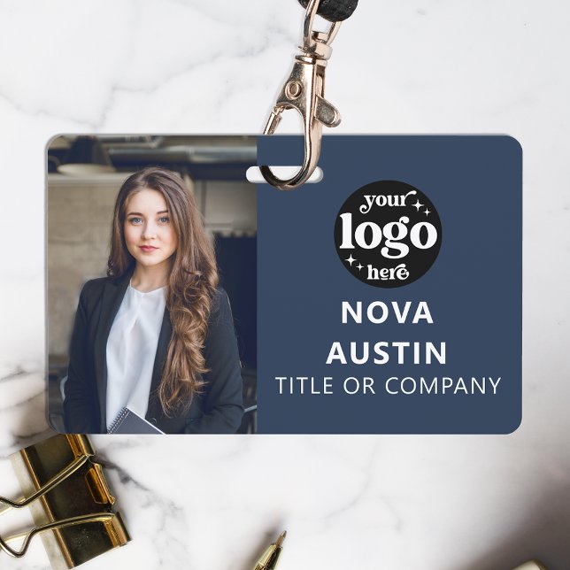 Blue Employee Photo ID With QR Code Business Logo ID Badge (Creator Uploaded)