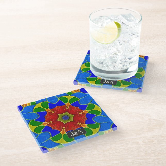 Blue Enamel - French Cloisonne - Flower & initials Glass Coaster (Angled)