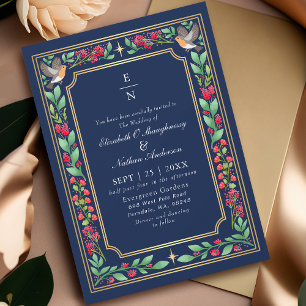 Blue Enchanting Botanical Floral Garden Wedding Invitation