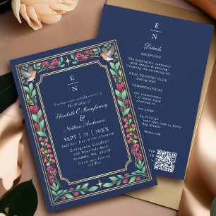 Blue Enchanting Botanical Floral Wedding QR Code Invitation
