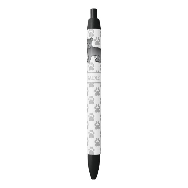 Blue English Staffie Cute Cartoon Dog & Name Black Ink Pen (Front Vertical)