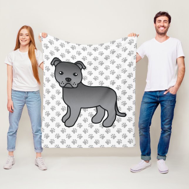 Blue English Staffie Cute Cartoon Dog & Paws Fleece Blanket (In Situ)