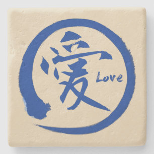 Blue enso circle Japanese kanji symbol for love Stone Coaster