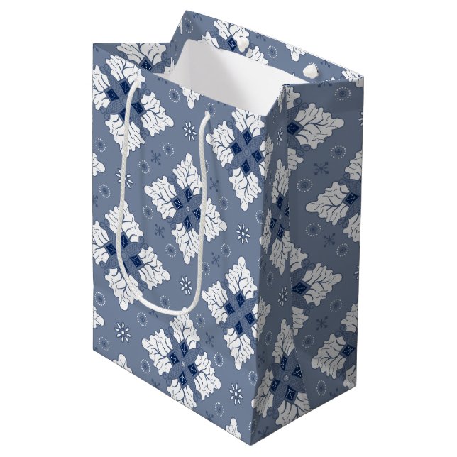Blue ethnic damask batik seamless pattern medium gift bag (Front Angled)