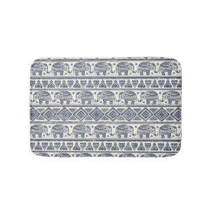 Blue Ethnic Elephant Pattern Bath Mat