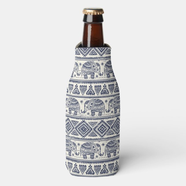Blue Ethnic Elephant Pattern Bottle Cooler (Bottle Front)