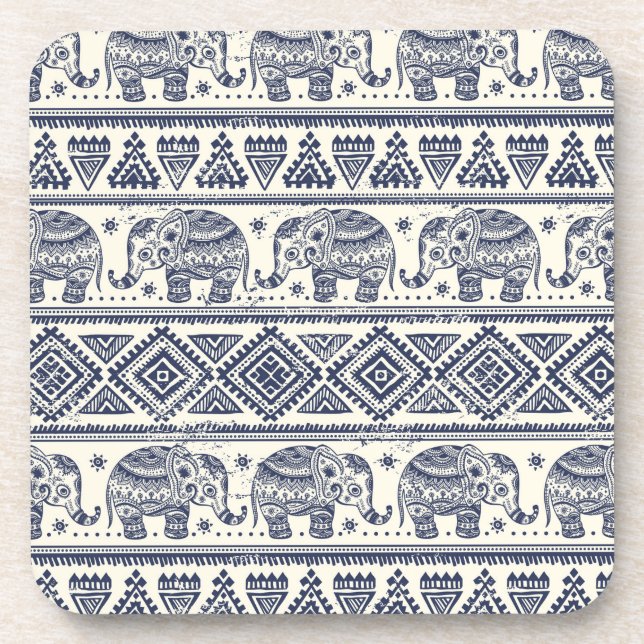 Blue Ethnic Elephant Pattern Coaster (Front)