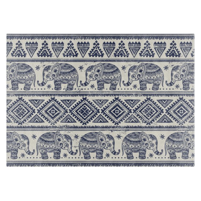Blue Ethnic Elephant Pattern Cutting Board (Front)