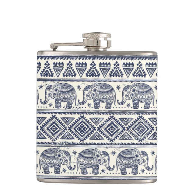Blue Ethnic Elephant Pattern Hip Flask (Front)