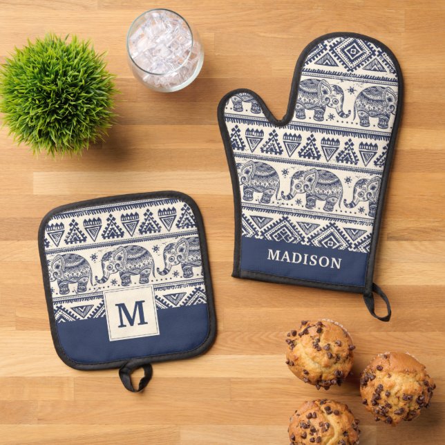 Blue Ethnic Elephant Pattern Oven Mitt & Pot Holder Set (Top Down)
