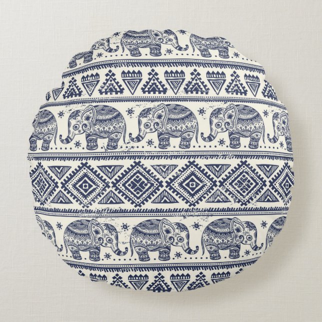 Blue Ethnic Elephant Pattern Round Cushion (Front)