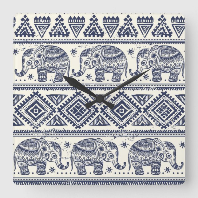 Blue Ethnic Elephant Pattern Square Wall Clock (Front)