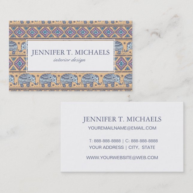 Blue Ethnic Elephant Tribal Pattern Business Card (Front/Back)