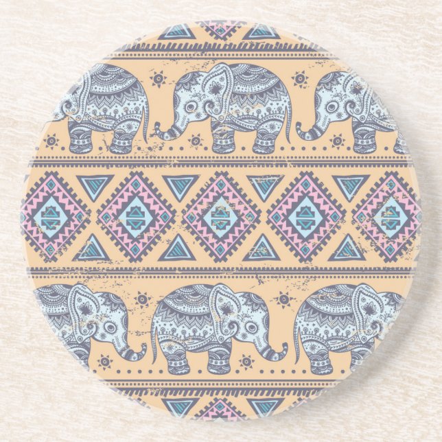 Blue Ethnic Elephant Tribal Pattern Coaster (Front)
